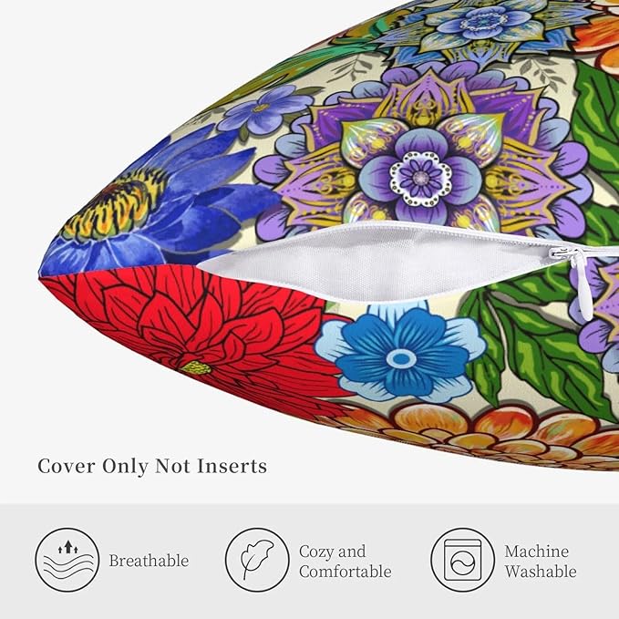 Colorful Boho Mandala Floral Throw Pillow Covers 18x18 Set of 2, Spring Easter Bohemian Decorative Pillowcases, Multicolor Flower Cushion Covers for Couch Sofa Bedroom Living Room Farmhouse Home Decor