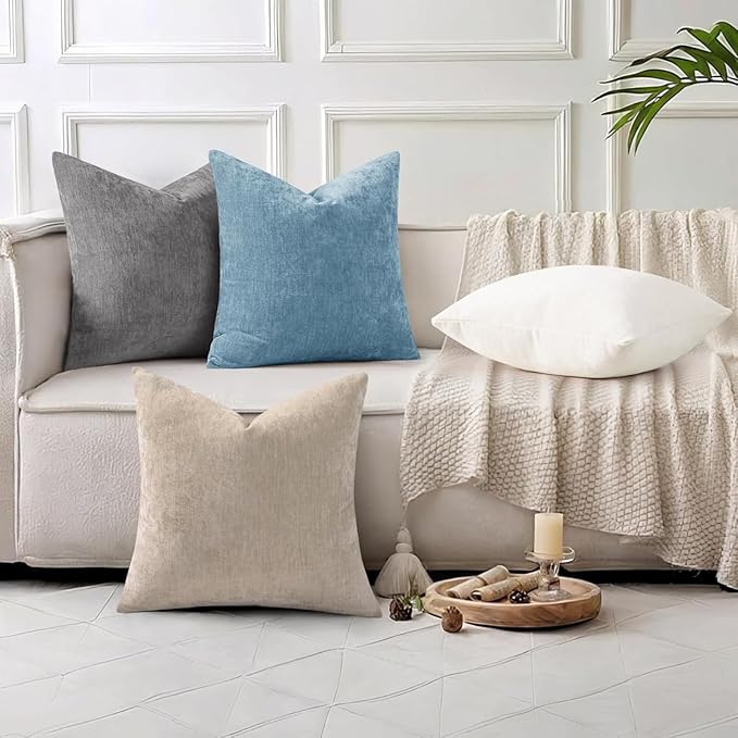 decorUhome Chenille Dark Grey Throw Pillow Covers 16x16 Inch Set of 2, Decorative Soft Couch Pillow Covers Solid Dyed Accent Velvet Farmhouse Neutral Square Pillow Cases for Sofa Bed Living Room