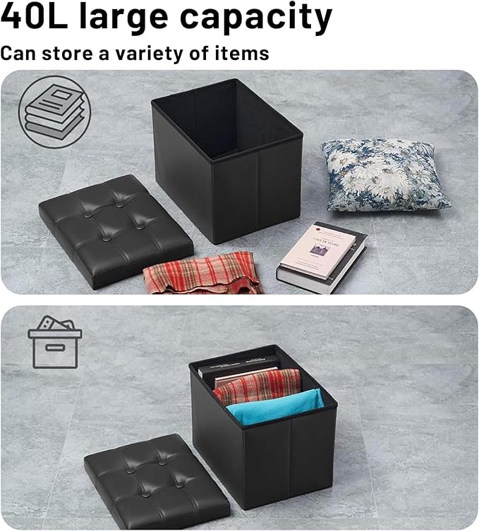 Storage Ottoman Foot Rest Stool, Small Leather Storage Ottomans Bench, Folding Footstool with Side Pockets, Foot Rest Under Desk for Living Room Bedroom, 16x12x12 in, Black