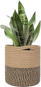 Woven Jute Plant Basket, Wicker Basket Planter up to 7" Pot, Round Indoor Tree Pot Cover, Small Boho Planter, Decorative Bins for Plants and Home Decor, 8”x8”x8, Black Stripes