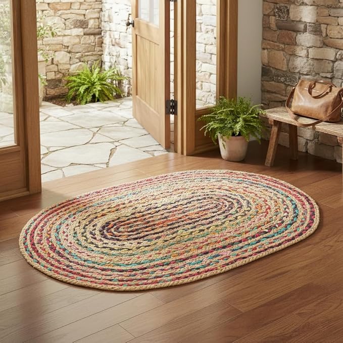 · REDEARTH · Jute Cotton Chindi Area Rug - 2'x3' Oval Rug, Handwoven, Non-Shedding, Soft & Durable – Multi Tones for Home Décor in Living Room, Dining Room, Bedroom