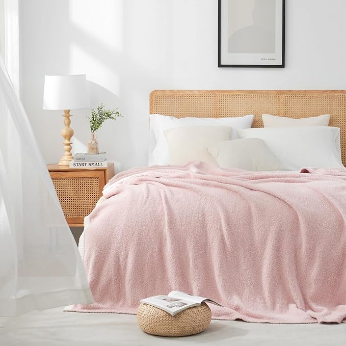 Snuggle Sac Pink Bedding Blankets Queen Size 90x90 inches, Reversible Microfiber Fluffy Fuzzy Soft Throw Cozy Knit Blanket for Women Mothers Birthday Gifts