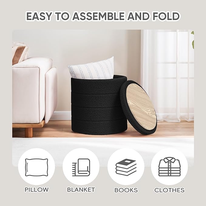 PINPLUS Round Storage Ottoman Foot Rest Stool with Tray Velvet Sherpa Folding Storage Ottoman,Boucle Foot Rest for Living Room, Bedroom, Dorm,Black Color