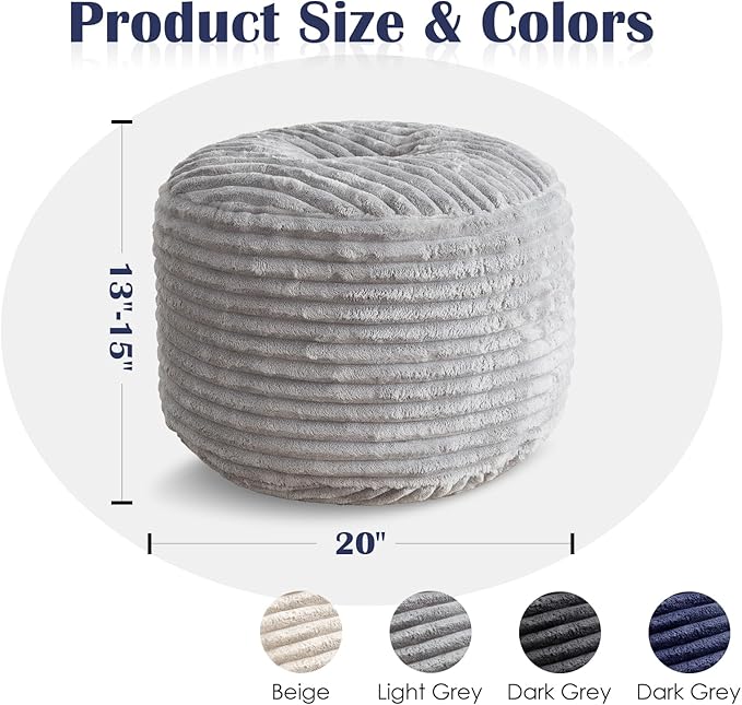Round Pouf Ottoman,Corduroy Poufs with Memory Foam Filling for Foot Rest,Soft Footstool for Living Room,Office,20"x 15",Light Grey