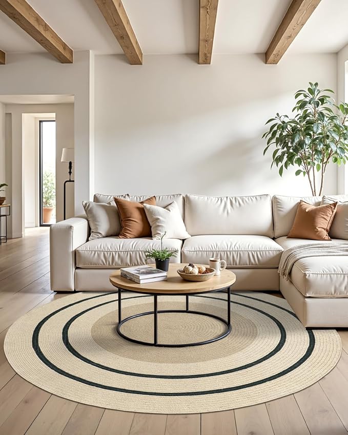 DEXI Round Jute Rug Natural Fiber 6x6, Braided Woven Area Rugs No Shed, Large Soft Neutral Rustic Carpet Mat for Indoor Outdoor Patio Dining Living Room Bedroom Farmhouse, 6ft, Ivory/Black