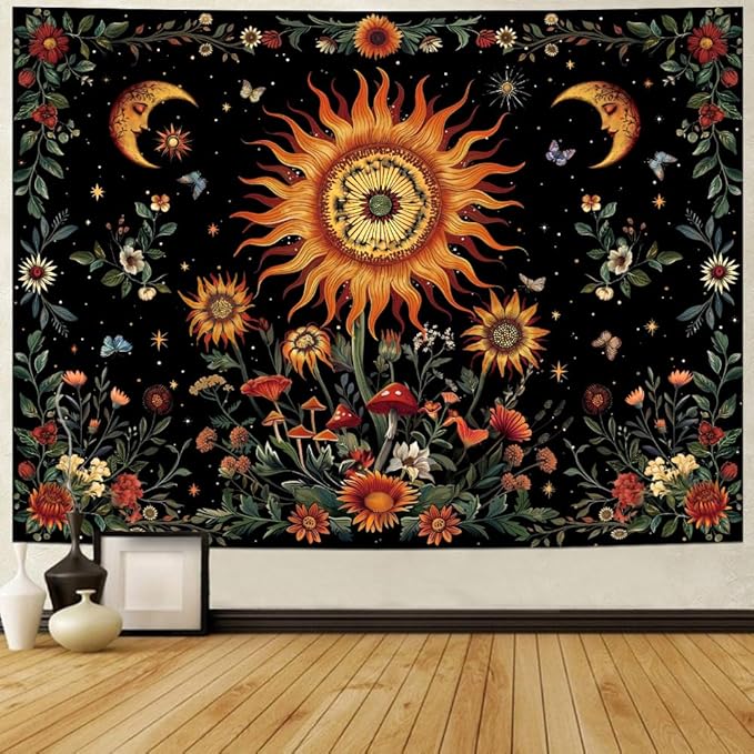Serborlur Boho Sunflower Tapestry Hippie Moon Tapestry for Bedroom Colorful Botanical Floral Plant Wall Tapestries Aesthetic Vintage Wall Hanging for Living Room Dorm Decor
