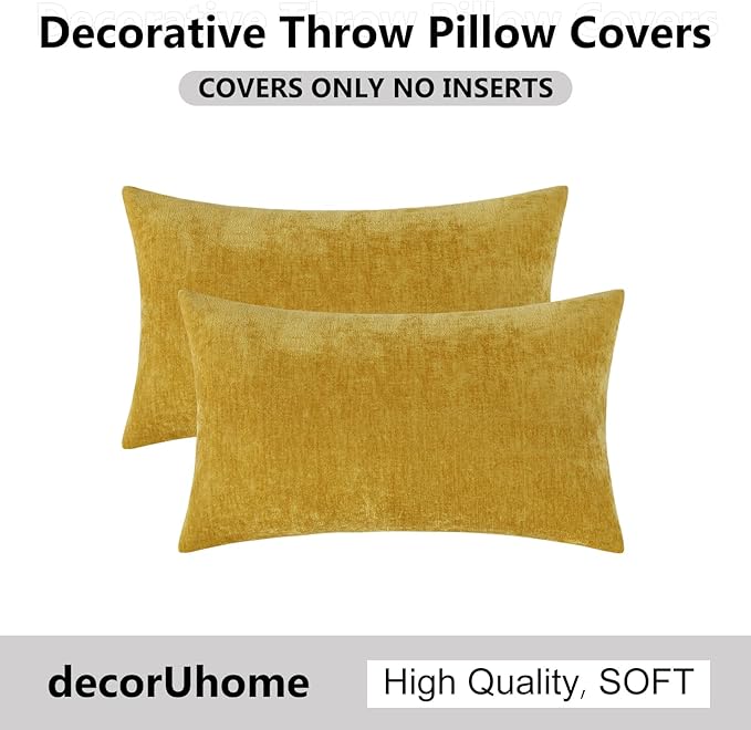 decorUhome Chenille Mineral Yellow Spring Throw Pillow Covers 12x20 Inch Set of 2, Decorative Soft Couch Pillow Covers Solid Dyed Accent Farmhouse Neutral Rectangle Pillow Cases for Sofa