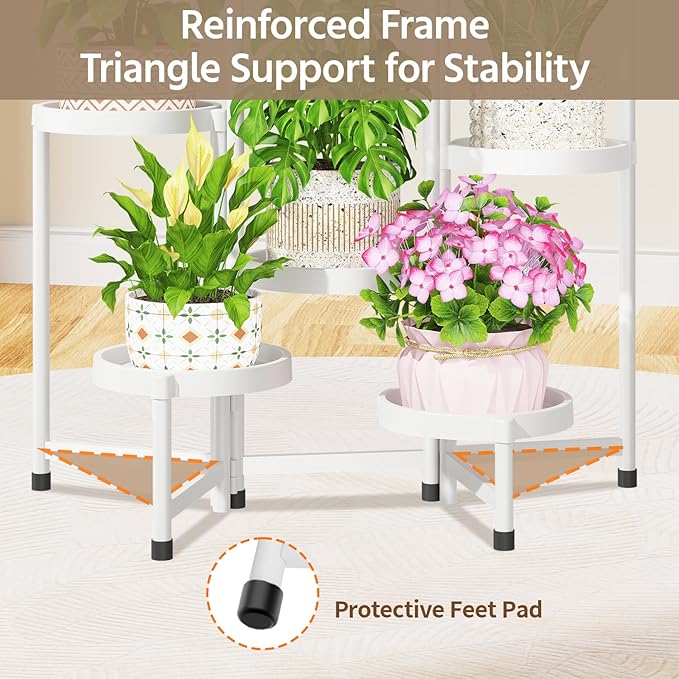 LASZOLA 7 Tiered Plant Stand Indoor Outdoor with Plastic Tray, Corner Folding Tall Flower Display Rack, Modern Plant Holder Shelf for Outdoor Patio Porch Garden Office Living Room, White