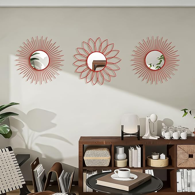 3 Pack Metal Mirrors for Wall Sunburst Wall Mirrors Home Décor Decorative Hanging Wall Art for Living Room Bedroom Entryway (Red, Flower+Sunburst)