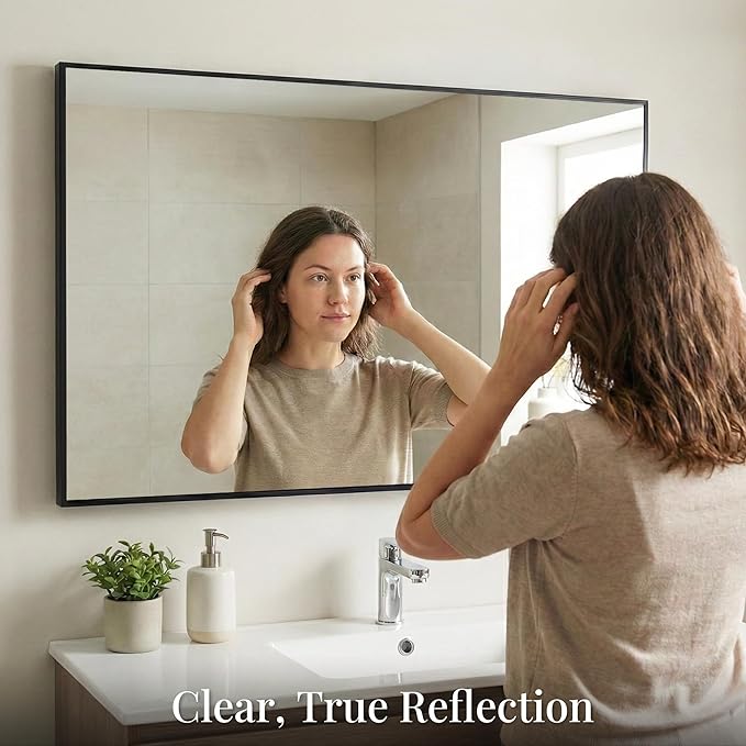 48''x30'' Black Bathroom Mirror, Large Metal Framed Vanity Mirror for Wall, 30x48 Horizontal Mirror Over Sink, Modern Farmhouse, Flush Mount