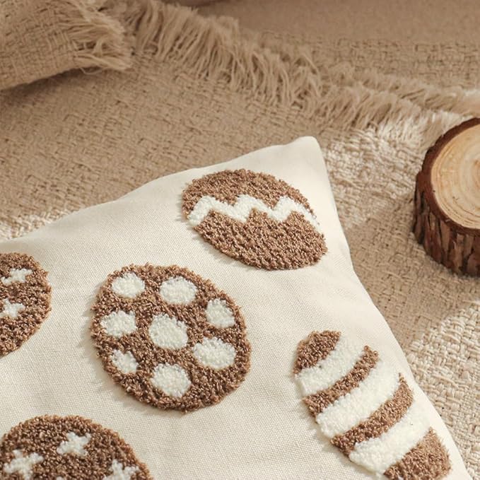 Jonhier Easter Throw Pillow Covers, Khaki Neutral Easter Egg Decorations with Tufted Embroidery, Boho Farmhouse Rustic Spring Indoor Decorative Pillows for Couch Sofa, 18x18 Inch, 1 PC