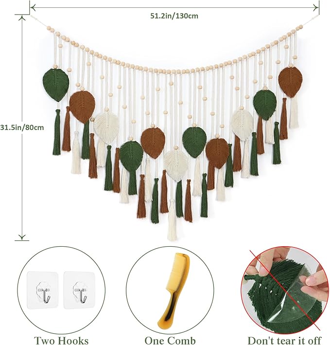 Betylifoy Large Macrame Wall Hanging Boho Woven Leaf Tapestry Fall Decor Khaki Green Leaf Feather Wall Decor Handmade Cotton Wall Art Home Decor for Bedroom Living Room Nursery Apartment, 51.2"W X 31.5"L