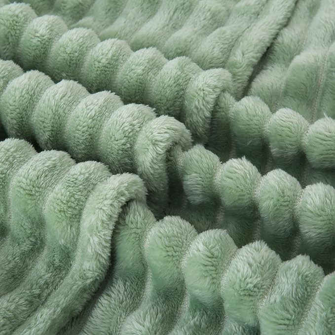 Sage Green Fleece Throw Blanket 90”×90” for Couch Sofa Bed,Super Soft Cozy Plush Microfiber Flannel Blanket with Stripes Design Lightweight for Adults,Woman,Girls