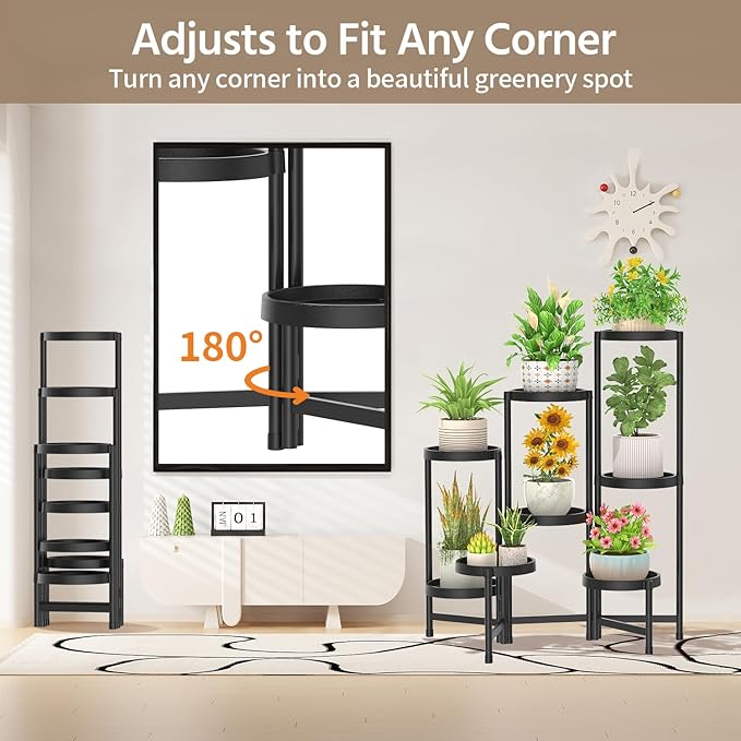 LASZOLA 8 Tiered Plant Stand Indoor Outdoor with Plastic Tray, Corner Folding Tall Flower Display Rack, Modern Plant Holder Shelf for Outdoor Patio Porch Garden Office Living Room, Black