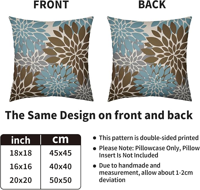 Brown Blue Grey Gray Pillow Covers 20X20 Inch Set of 2, Summer Modern Geometry Dahlia Floral Print Decorative Throw Pillow Covers Outdoor Farmhouse Cushion Case for Couch Sofa Bed Decor