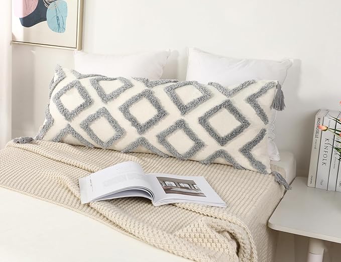 PANOD Decorative Long Lumbar Pillow Cover 16x36 Boho,Super Soft Chenille Extra Long Lumbar Pillow Case Cover with Tassel for Bed Sofa Couch Farmhouse Livingroom,Grey,Modern Skinny