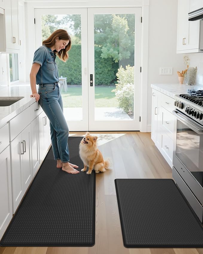 Color&Geometry Anti Fatigue Cushion Padded Kitchen Mat for Floor - 17x29+17x59, Easy Clean, Waterproof & Oil Proof, Anti Slip, Foam Rubber Runner Rug for Front Sink Comfort Standing, Black Set of 2