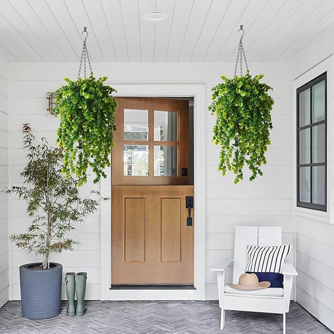 Artificial Faux Hanging Plants Basket for Spring Summer Outdoor Decoration, Fake Eucalyptus Plant UV Resistant Look Real for Outside Porch Home Patio Balcony Yard(Eucalyptus)