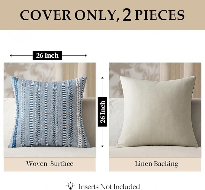 ANRODUO Pack of 2 Boho Throw Pillow Covers 26x26 Inch Farmhouse Decorative Couch Pillow Cases Jacquard Cushion Cover Neutral Accent Pillows of Bed Sofa Bedroom Living Room Home Decor, Navy Blue
