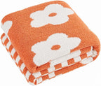 Checkered Throw Blanket, Orange Flower Blanket for Couch, 60"x80" Soft Plaid Knit Blanket for Home Decor, Reversible Checkerered Blankets for Sofa, Chair, Bed