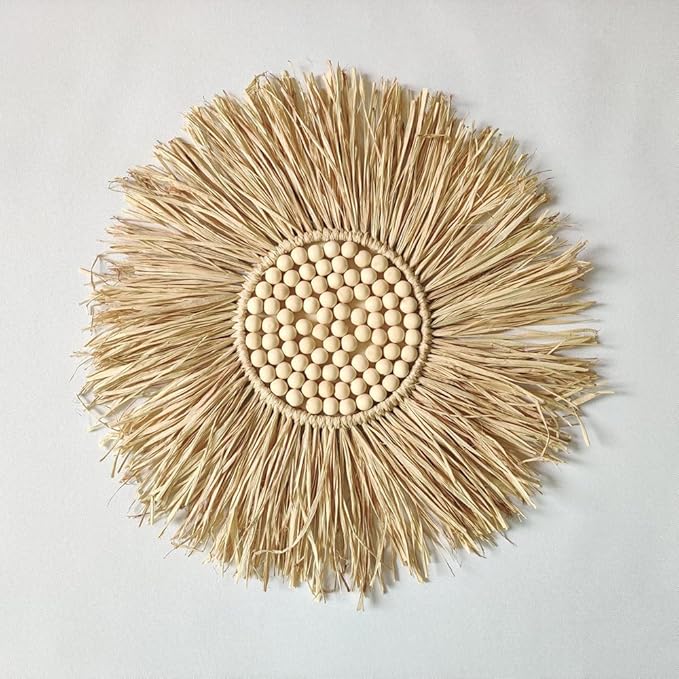 KKTAPOS Boho Round Wall Mirror - 18in Raffia Straw Macrame Mirror Decor for Living Room, Bedroom, Bathroom