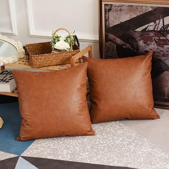 Tosewever Faux Leather Throw Pillow Covers, 20 x 20 inch Set of 2 Luxury Cognac Brown Modern Pillowcases Solid Decorative Square Cushion Cases for Bedroom Living Room Couch Bed Sofa (Brown, 20" x 20")