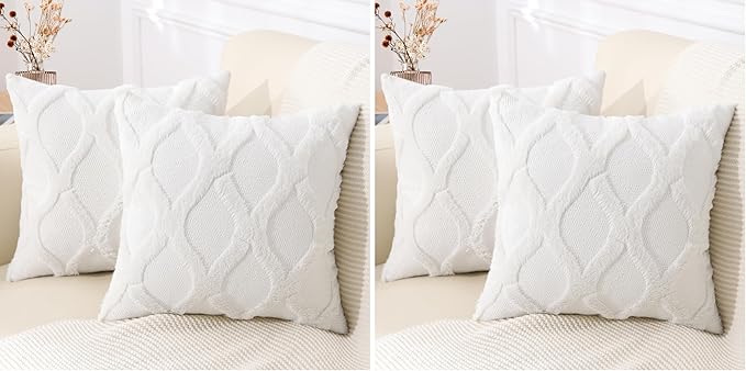 decorUhome Spring Throw Pillow Covers 18x18 Inch Set of 2, Soft Plush Faux Fur Wool Cream White Couch Pillow Covers, Decorative Neutral Pillow Cases for Bed Sofa Living Room Home Decor (Pack of 2)