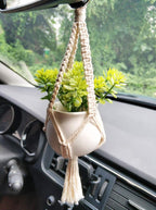 Dahey Mini Macrame Plant Car Accessories Rear View Mirrior Charm Cute Hanging Rearview Car Decor Boho Small Hanger with Artificial Succulent Plants for Plant Lover, 2 Pcs, 10.5 inch, White