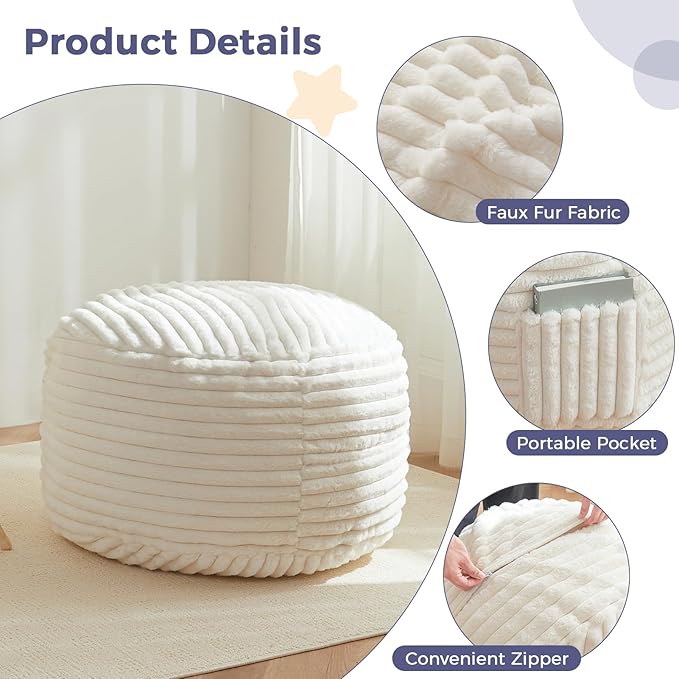 MAXYOYO Kids Bean Bag Chair Bed, Convertible Children Chair to Floor Mattress with Filler, Faux Fur Bean Bag Bed Stuffed Child Sofa Couch for Girl Boy Sleeping, Machine Washable Cover, Beige