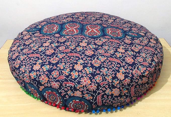 CRAFT KALA Mandala Floor Pillow Cushion Cover Seating Throw Cover Hippie Decorative Bohemian Ottoman Poufs Pom Pom Pillow Cases Boho Indian Cotton Living Room Yoga Home Décor (35" Round, Multi Mirchi)