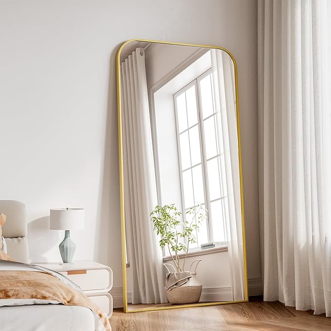 Koonmi Full Length Mirror, 71"x30" Mirror Full Length with Stand, Gold Domed Top Square-Edged Floor Mirror with Aluminum Alloy Frame for Bedroom Living Room