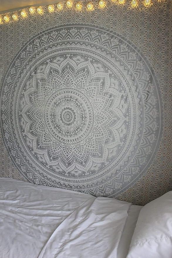 ANJANIYA Ombre Wall Hanging Bohemian Tapestry, Metallic Wall Art Bedspread, Psychedelic Hippie Mandala Dorm Décor for Hanging, Bedding, Beach Coverlet Curtain, Silver, 54"X60"