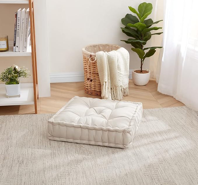 Floor Pillow Large Square Tufted Decorative Cushion 20" x 20" Faux Velvet Fabric Ultra Thick Fill for Kids and Adults, 1 Pack, Ivory