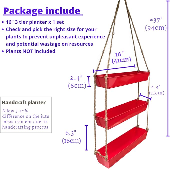LaLaGreen Hanging Wall Planter - 16 Inch Three Tier Plant Hanger for Succulent Indoor Herb Planter Metal Wall Plant Holder Bright Red Christmas Decor, Vertical Garden Hanging Planter Shelf Outdoor