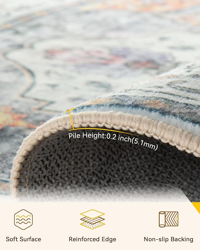 Area Rugs Square 6ft Washable Non-Slip, Floral Vintage Distress Print Pattern Medallion Carpet for Living Room Bedroom Dining Room, Light Yellow Carbon Grey Orange