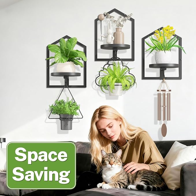 iDavosic.ly Wall Plant Picture Frame Holder Set of 3 for Indoor, Metal Stand with Hanging Hooks, Floating Flower Display Home Decor, Space Saving & Easy to Assemble (Pots/Chains/Plants Not Included)