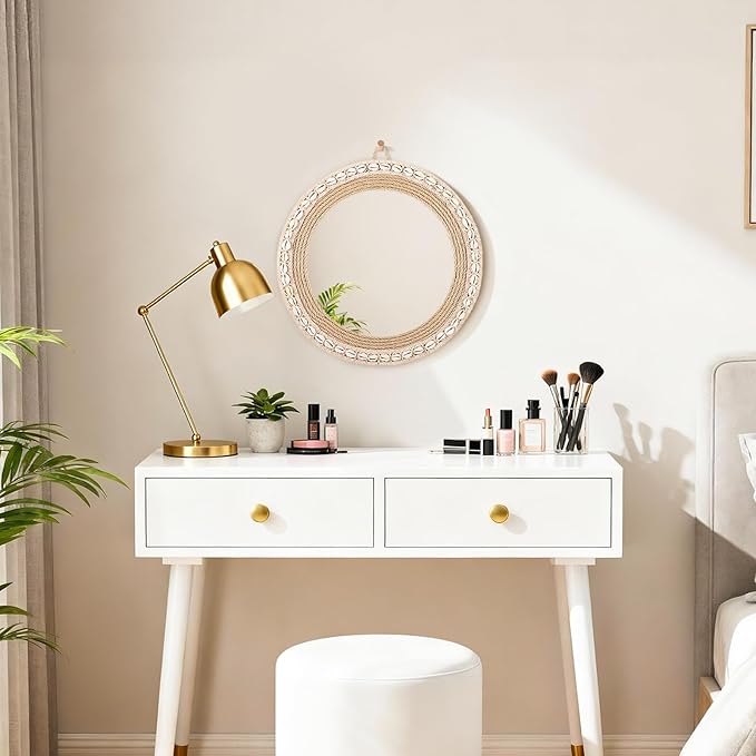 Round Mirrors for Wall, Hand-Woven Shell Lace Decorative Mirror, Boho Mirrors for Over Sink, Wall Decor for Bathroom, Entryway, Bedroom, Vanity (Natural)