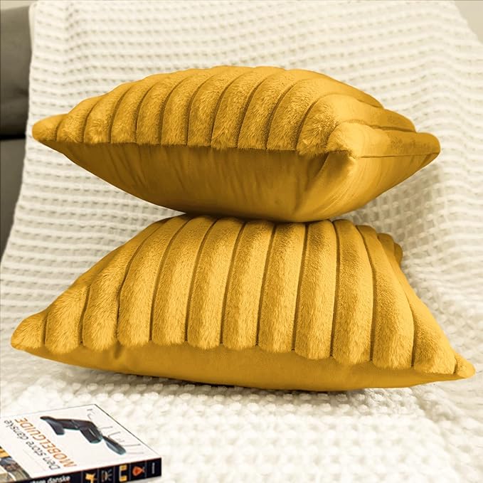 2 Pack 18x18 Pillow Cover Velvet Pillow Covers, Faux Fur Square Throw Pillow Covers for Living Room Decorations Throw Pillow Case, Throw Pillow Cover Cushion Cover for Sofa Bedroom Car, Mustard Yellow