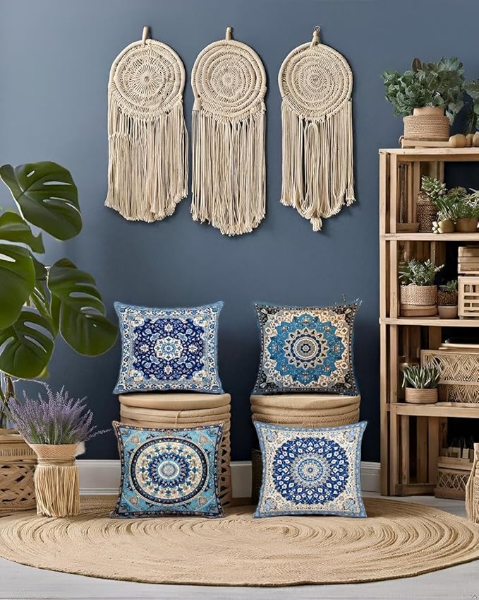 Jartinle Navy Mandala Pattern Throw Pillow Covers 18x18 Set of 4 Boho Accents Decorative Throw Pillows for Couch, Sofa, Outdoor Patio Bohemian Decor