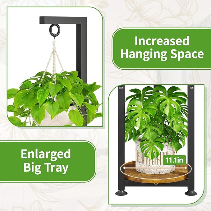KMOTASUO Black 4 Tier Plant Stand Indoor with Hanging Ring, Tall Large Heavy Duty Metal and Wood Vertical Rack for Multiple Planter, Sturdy Rustic Corner Flower Shelf Holder Organizer for House Patio