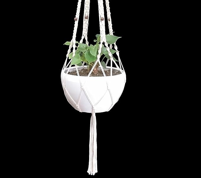 Rope Macrame Plant Hanger Hanging Planter 4 Legs 59 Inch for 12-13 inch Plant Pot, Without Pot and Plant (Cream-Cotton)