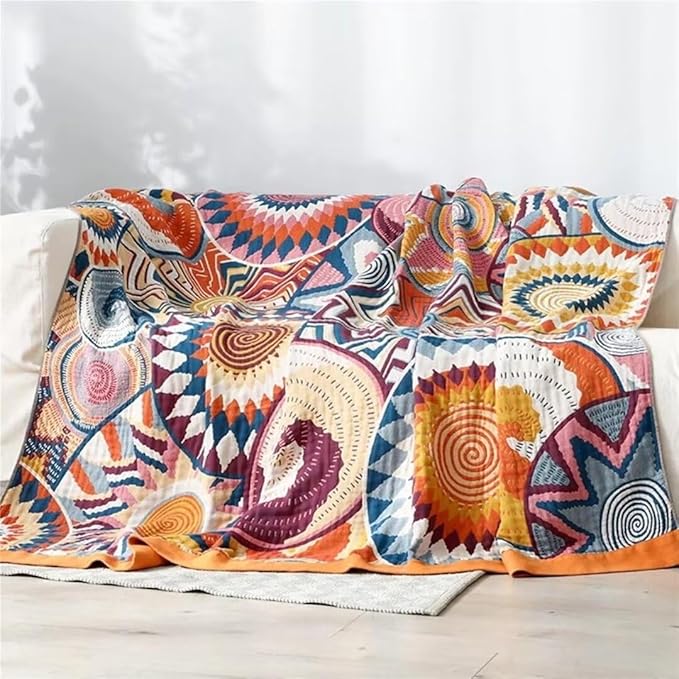 Boho Blanket for Bed 100% Cotton Bohemian Throw Blankets Ultra Soft Woven Muslin Decorative Blankets All Seasons Vintage Quilt Knitted Blanket for Sofa Chair (Colorful, 80"x90")
