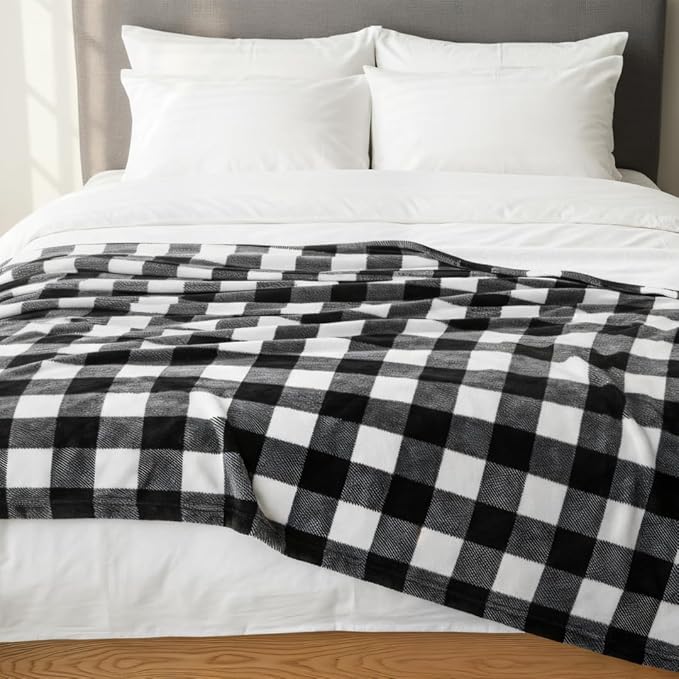 MACEVIA Flannel Fleece Throw Blanket for Couch, Buffalo Plaid Blanket Black and White, Lightweight Cozy Soft Blanket for Bed Sofa 260GSM, Suitable for All Seasons (White Black Checkered,60x50inches)