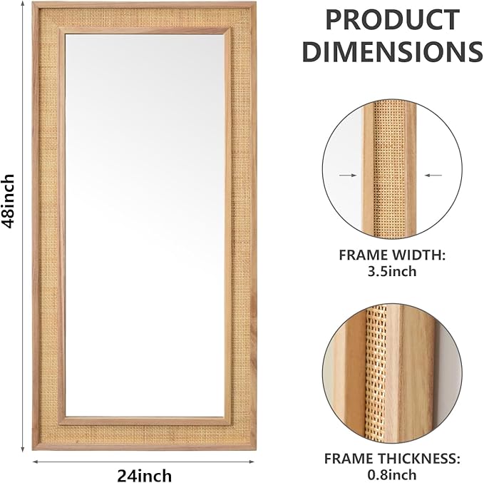 Rattan Full Length Mirror,24"x48" Long Rattan Wall Mirror,Wooden Mirror with Wicker Frame,Decorative Full Body Mirror Hanging,Farmhouse Rectangle Floor Mirror for Bathroom Living Dressing Room Nature