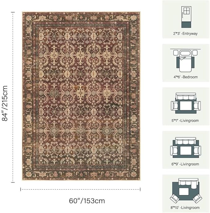 Oriental 5x7 Area Rugs for Living Room Bedroom, Vintage Washable Christmas Rug, Red Boho Area Rug, Non Slip & Low Pile Faux Wool Carpet for Indoor Dining Room and Kids Room(Red 5x7ft)
