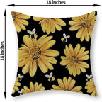 Summer Pillow Covers 18x18 Inch Set of 2 Black Background Yellow Sunflowers Bee Pillow Covers Spring Outdoor Pillow Cases Linen Farmhouse Seasonal Cushion Covers Decor for Living Room Bedroom
