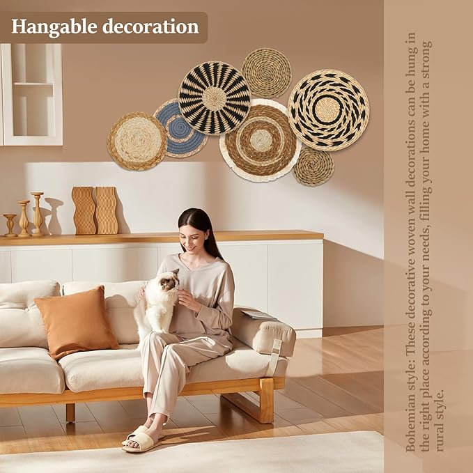 7 Pack Boho Wall Basket Decor Set, Hanging Woven Seagrass Rattan Wicker Boho Wall Decor, Round Farmhouse Wall Hanging Baskets Rustic Flat Wall Art for Living Room Bedroom Kitchen