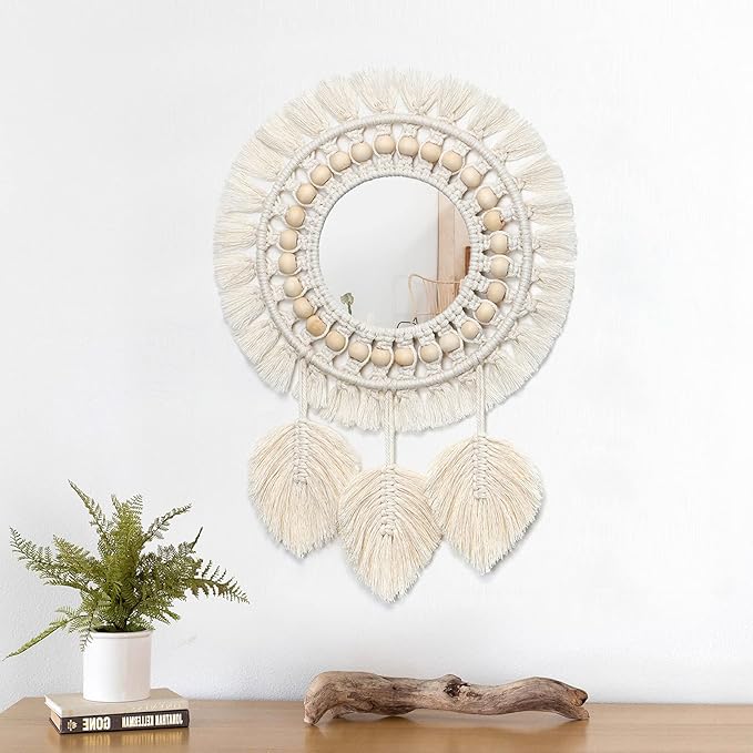 Dremisland Hanging Wall Mirror-Boho Macrame Fringe Round Decorative Mirror with Wood Beads Feather Pendant，Art Ornament for Apartment Home Bedroom Living Room