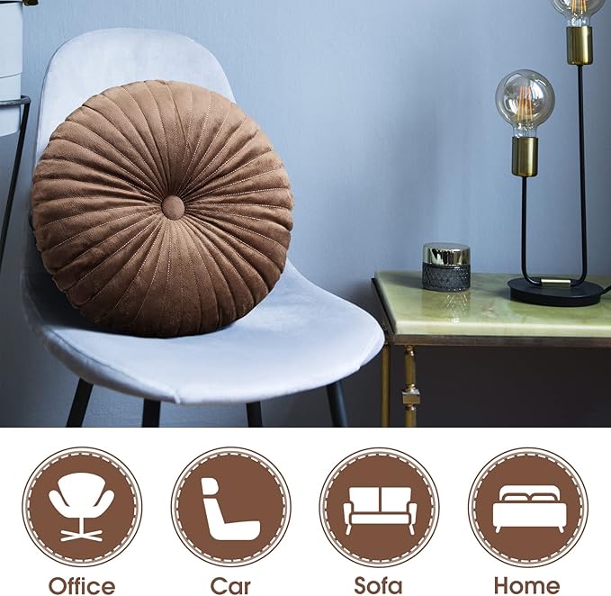 Namalu 2 Pcs Round Throw Pillow 13.8 Inch Decorative Round Velvet Floor Pillows Pumpkin Throw Pillows with Center Button for Thanksgiving Home Decor Living Room Sofa Couch Bed Chair (Coffee)