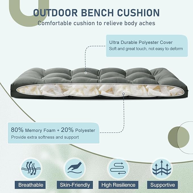 downluxe Outdoor Bench Cushion for Patio Furniture, Waterproof Tufted Overstuffed Porch Swing Cushions, Thick Outdoor Loveseat Cushions, 48" X 18" X 5", Dark Grey, Set of 1